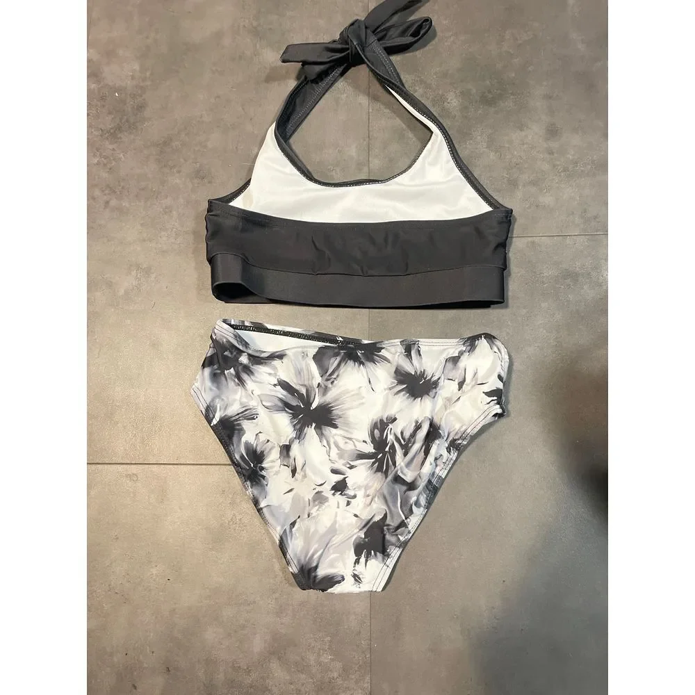 Stylish Floral Print Bikini Set - Black‎ & White Two-Piece Swimsuit A-201